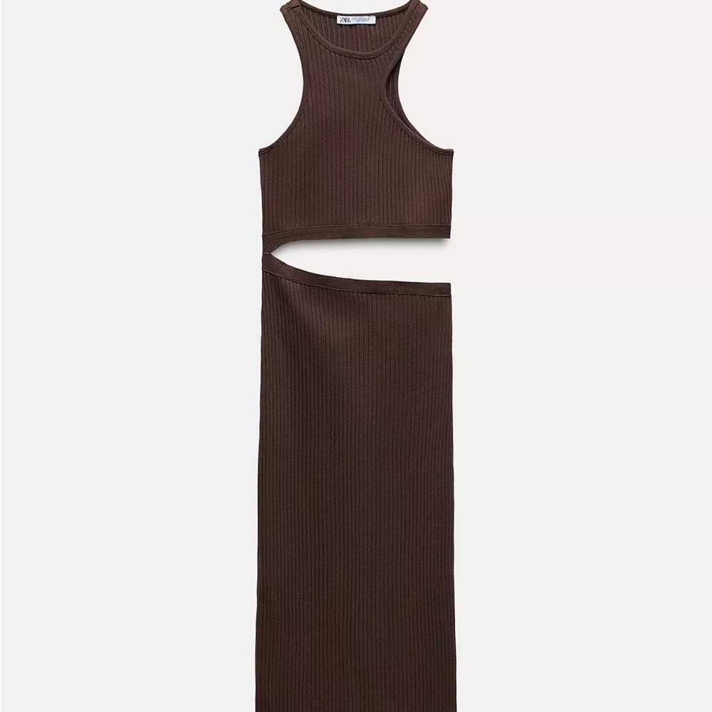 Zara Chocolate Ribbed Midi Dress with Cutout